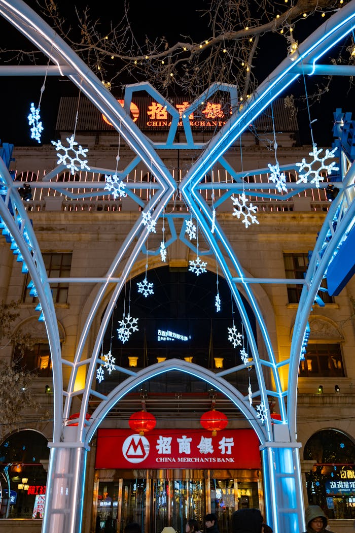 Night view of artistic snowflake decorations at China Merchants Bank in Harbin.