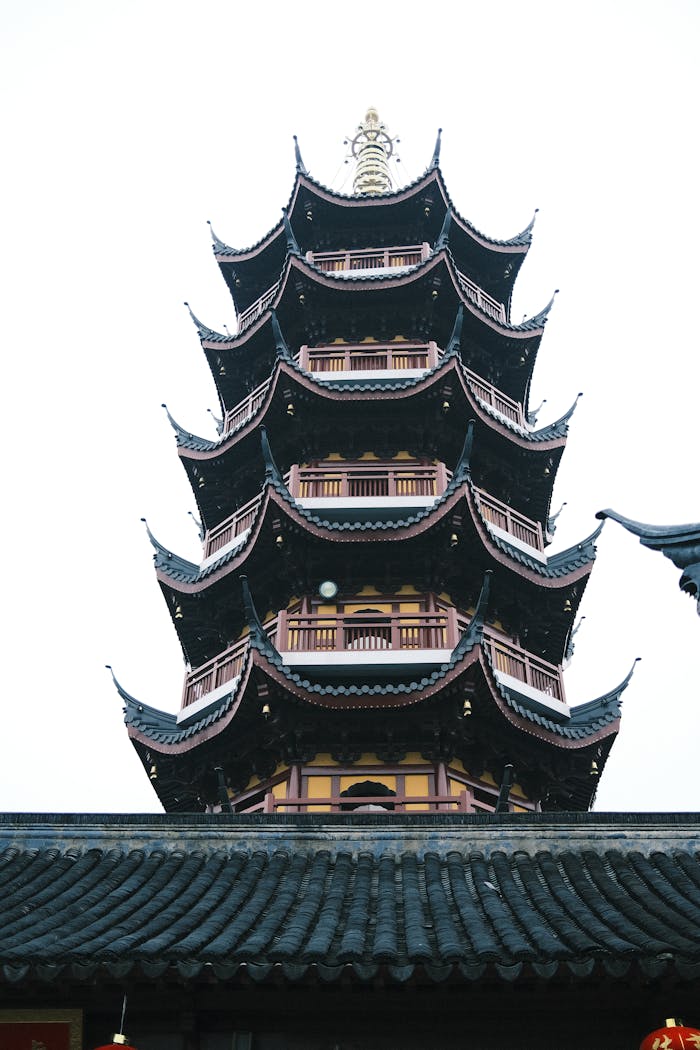 A traditional multi-tiered pagoda with ornate eaves in Nanjing, China.