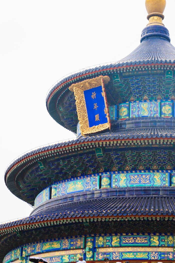 Close-up of the intricate roof of the Temple of Heaven, showcasing traditional Chinese architecture.